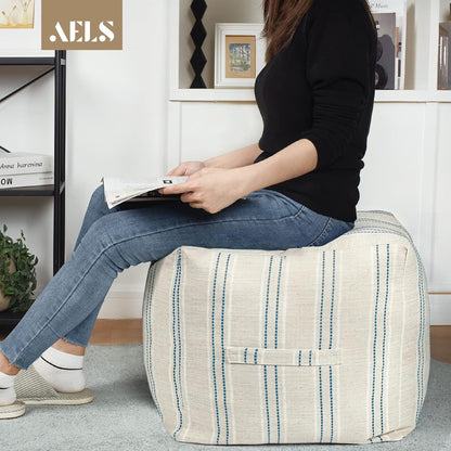 Unstuffed Farmhouse Pouf Cover for Living Room, Boho Storage Bean Bag Cubes, Beige with Navy Blue Stitch Yarn Dyed Stripe Square Ottoman Pouf Foot Rest Footstool, 18"X18"X18", Cover ONLY