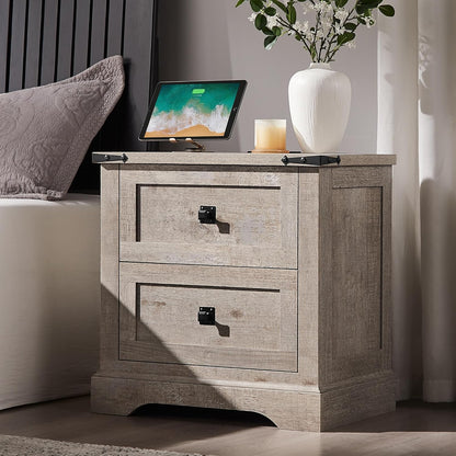 24" Farmhouse Nightstand with Charging Station Set of 2, Large End Table with 2 Storage Drawers, Rustic Wood Sofa Bedside Table for Bedroom, Light Rustic Oak