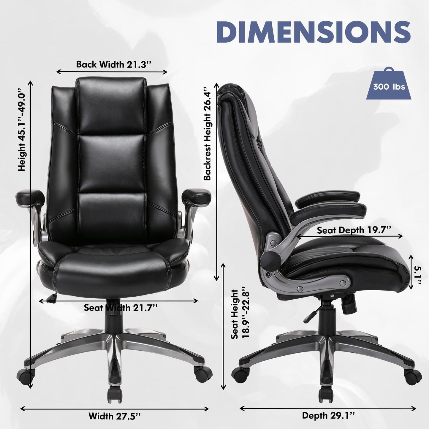 Leather Executive Office Chair - High Back Home Computer Desk Chair with Padded Flip-Up Arms, Adjustable Tilt Lock, Swivel Rolling Ergonomic Chair for Adult Working Study, Black