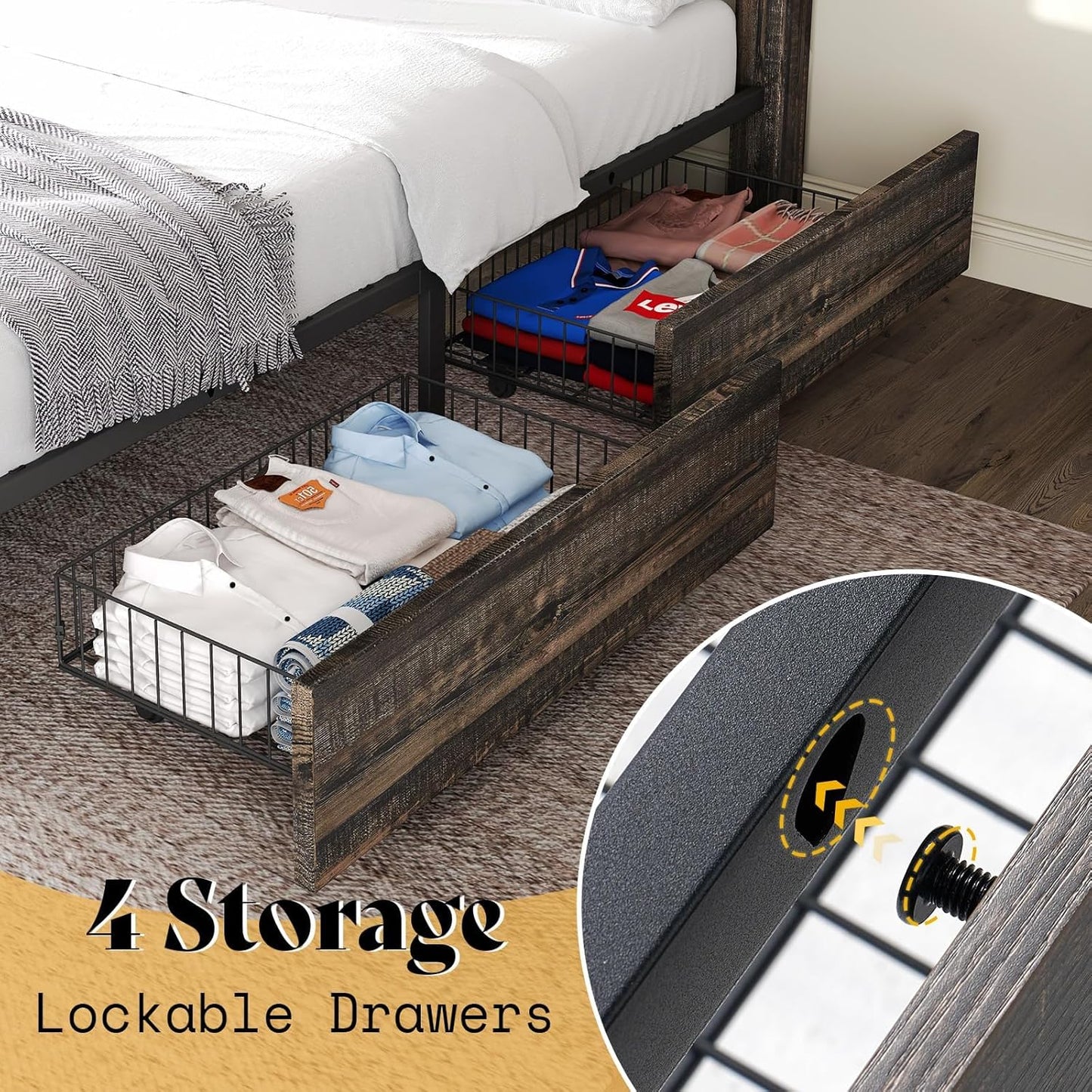 Farmhouse Bed Frame with 4 Drawers, Wooden Storage Bed Frame with Headboard and Heavy Duty Metal Slats, Noisy Free, Easy Assemble (Rustic Black, Queen)