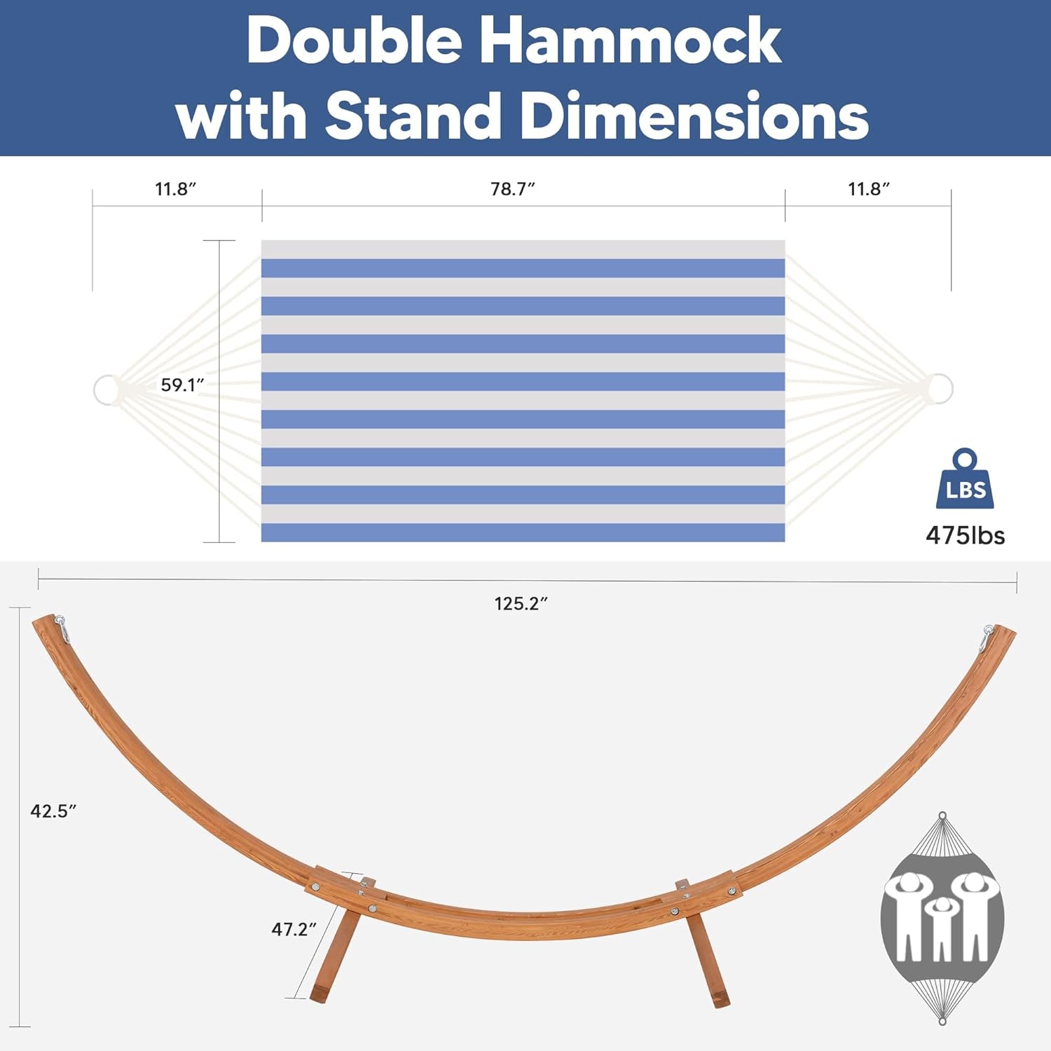 Hammocks for outside with Stand, Porch Hammock and Stand, 475 Lbs Capacity, Blue & White