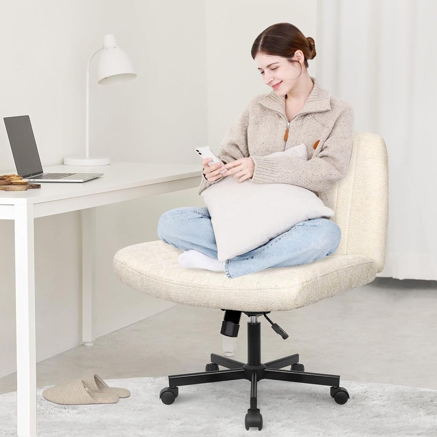 Criss Cross Chair Wheels Wide Cross Legged Office Desk Vanity Chair Comfy Fabric Armless Adjustable Swivel for Home Computer Task (Beige)