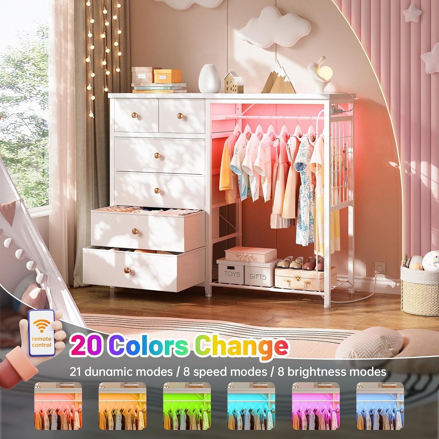 49.2" W White Dresser for Bedroom with Hanging Rack, 6 Drawers Dresser with LED Lights & Charging Station, Fabric Dressers & Chest of Drawers with Rack, Wooden Top, Grid Panel