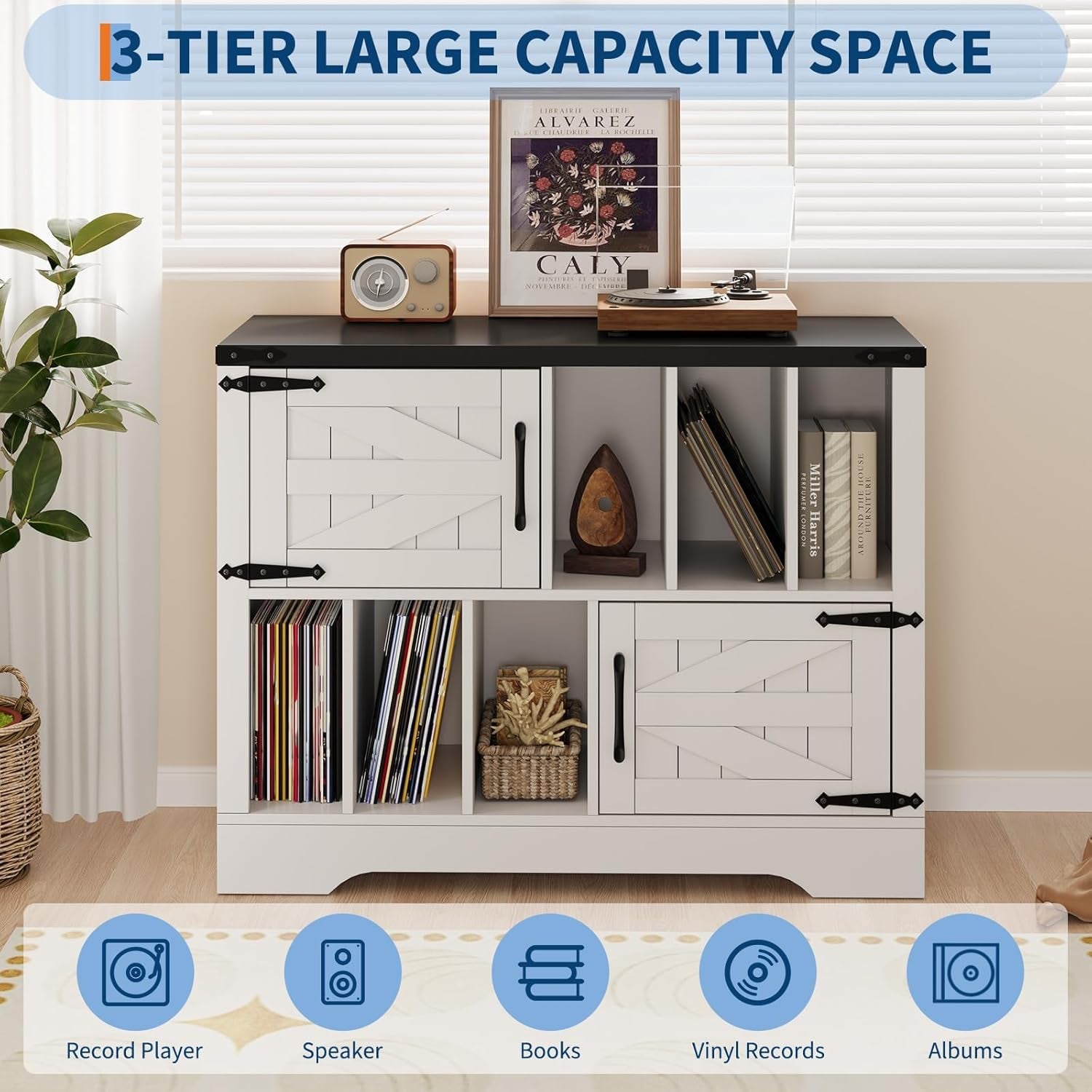 39" Large Record Player Stand with Vinyl Storage, Farmhouse Wood Vinyl Record Storage Cabinet with Barn Doors, Mid-Century Modern Turntable Stand for Living Room, White