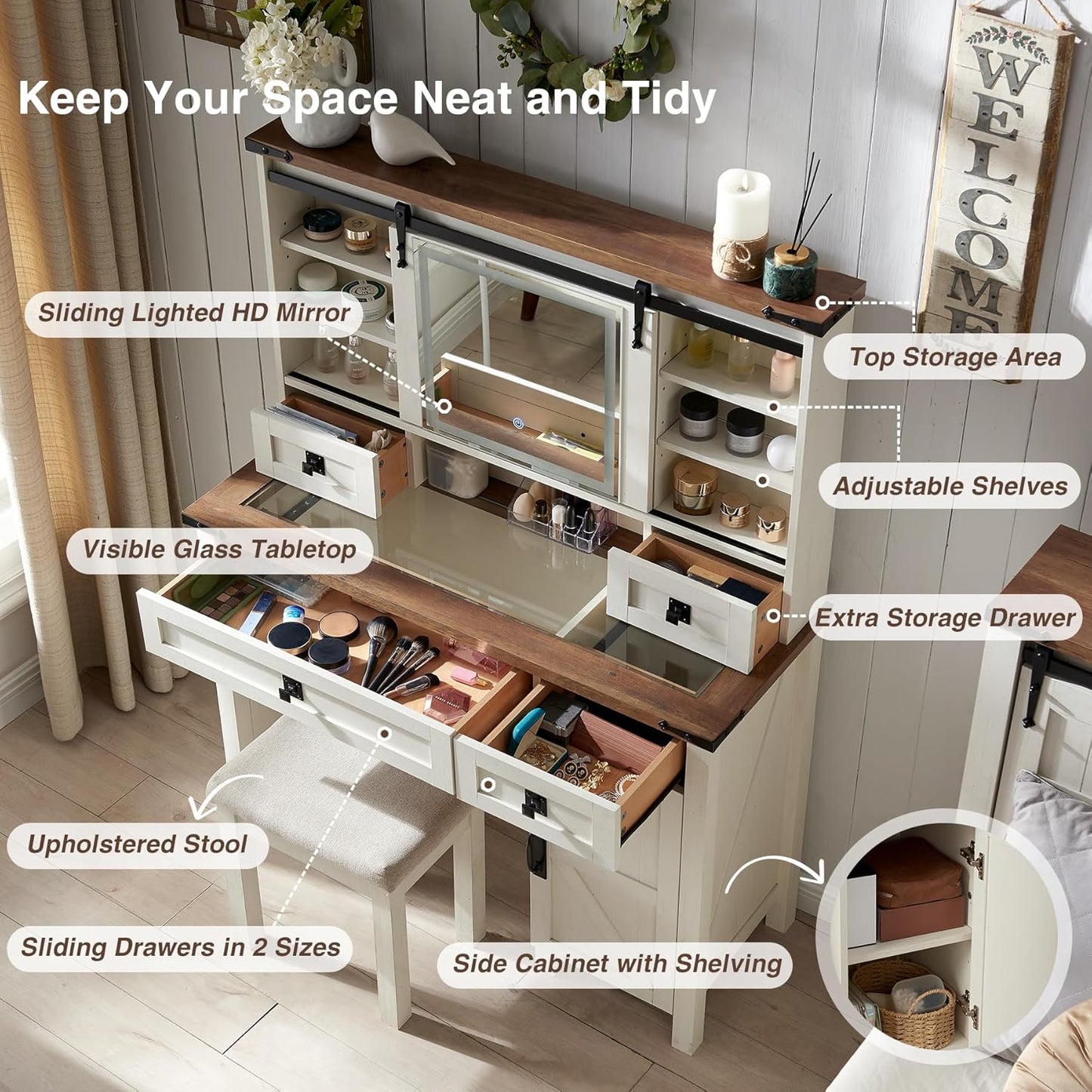 Farmhouse Makeup Vanity Desk with Sliding Mirror and Lights, 42'' Glass Tabletop Vanity Table with 2 Drawers & Shelves, Rustic Big Vanity Set for Bedroom, Antique White