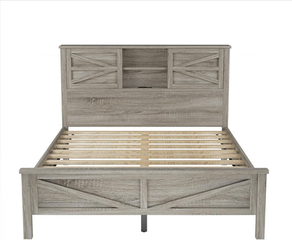 Farmhouse 3-Pieces Bedroom Sets, Queen Size Platform Bed with a Nightstand and 6-Drawer Storage, Wood Platform Bed with Double Sliding Door Storage Headboard and Charging Station (Antique Gray-3)