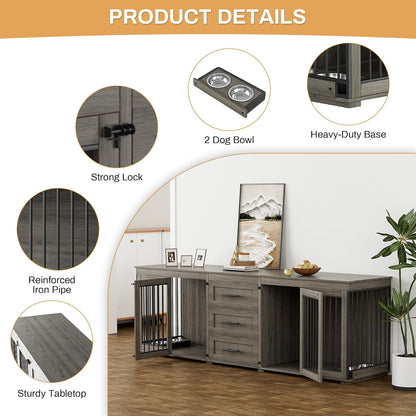 94.5" Large Dog Crate Furniture for 2 Dogs, Double Wooden Dog Kennel Furniture with 4 Dog Bowls & 3 Drawers, Heavy Duty Indoor Furniture Style Dog Cage TV Stand/Table/House, Grey