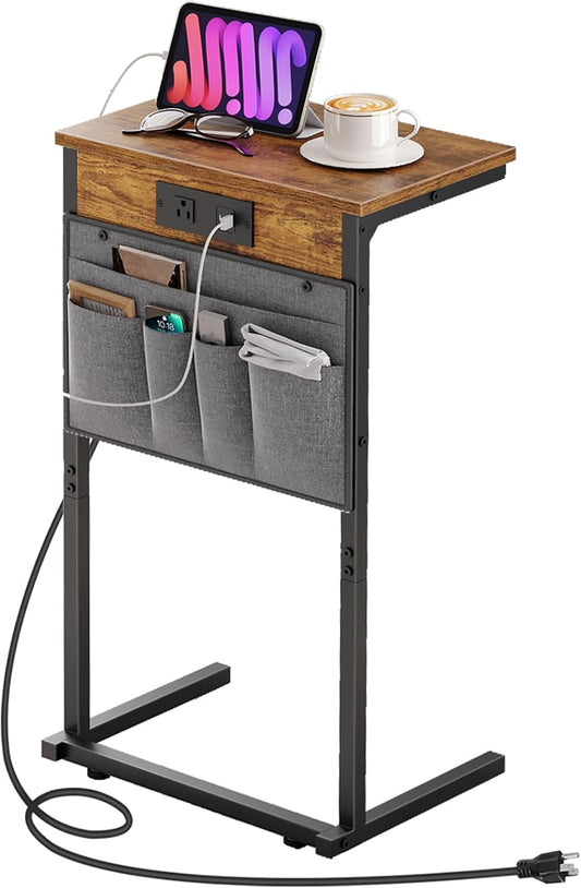 C Shaped End Table with Charging Station, 28" H Couch Side Table Slide Under, Sofa Arm Tray Table with Storage Bag for Living Room, Recliner, Rustic Brown BF70USF01