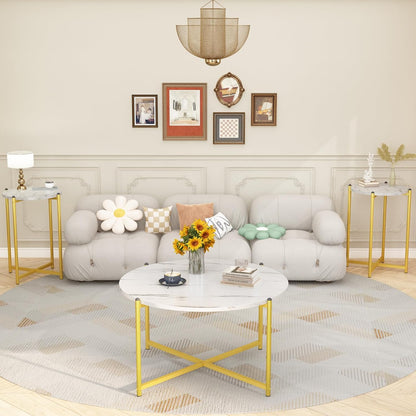Coffee Table Set of 3,Modern Faux Marble Top with Golden Frame,1 Coffee Table & 2 Accent Table, Living Room Table Set, for Apartment,Office and so On,White & Gold (LCTR-W)
