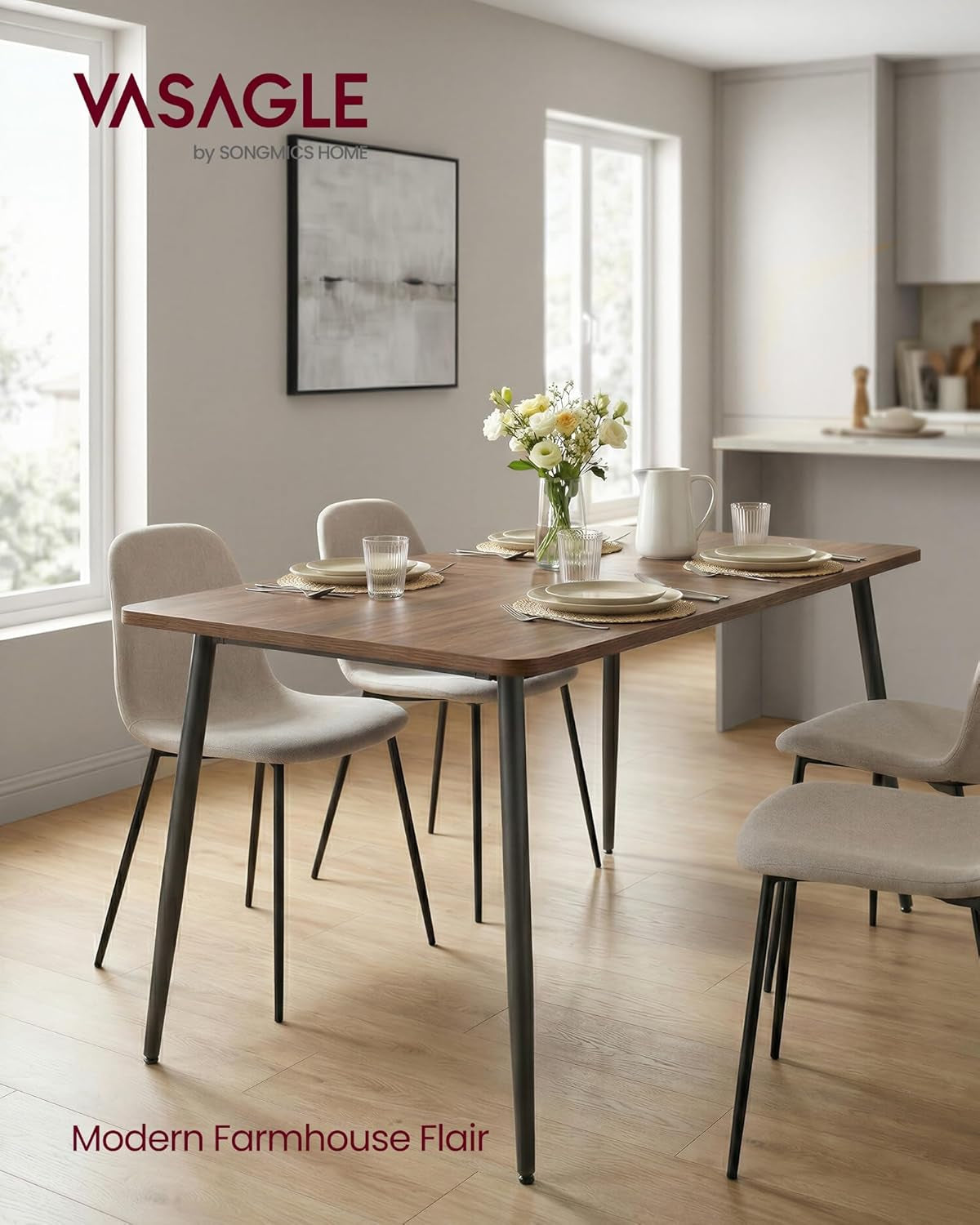Dining Table for 4-6 People, Modern Farmhouse Dining Room Table, Quick Assembly, Heat-Resistant Tabletop, 55.1 X 29.5 X 29.5 Inches, for Kitchen, Natural Walnut and Ink Black UKDT100K02V2