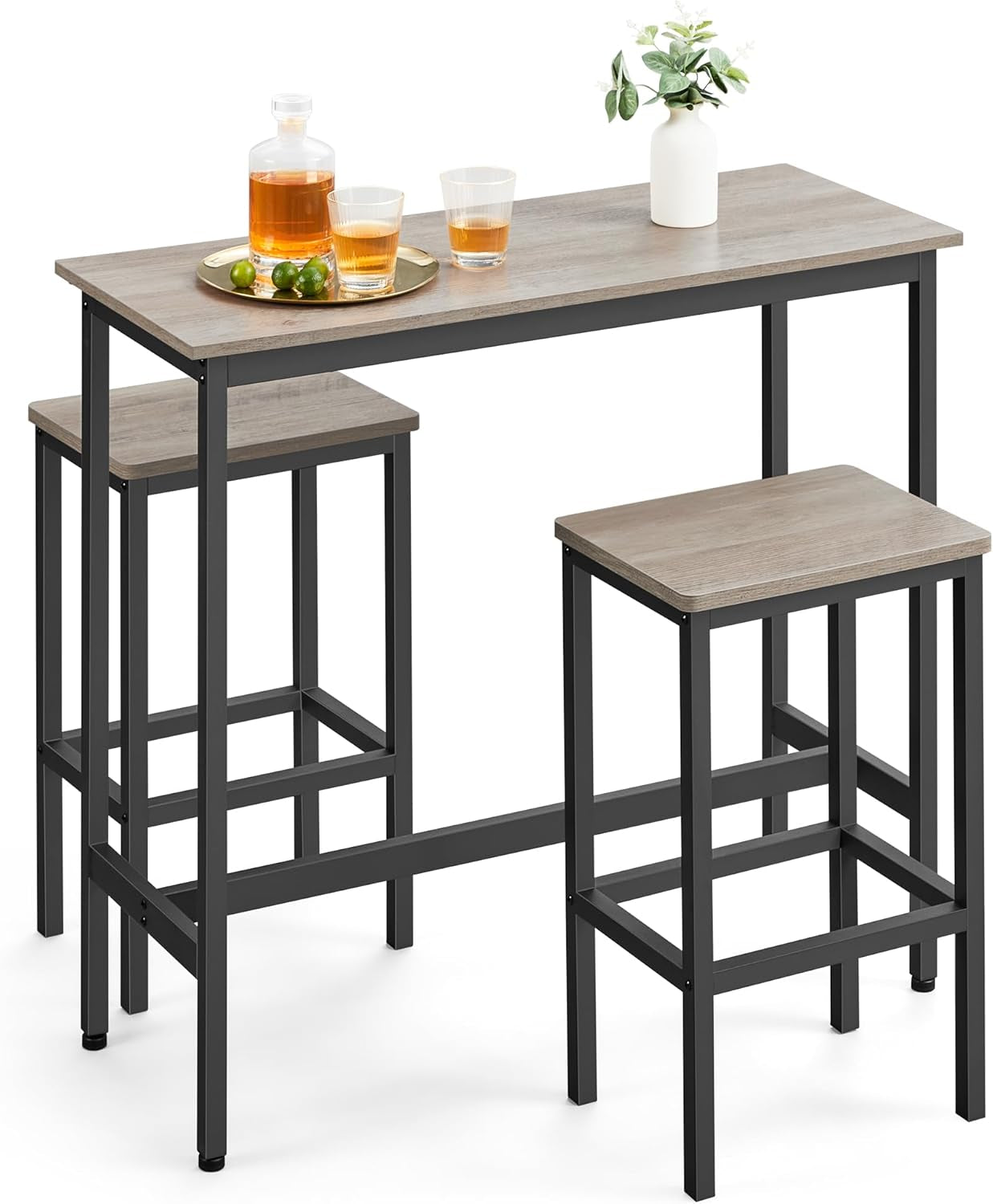 Dining Table Set, Bar Table and Chairs Set, Kitchen Bar Height Table with Stools Set of 2, Steel Frame, Industrial, 39.4 X 15.7 X 35.4 Inches, Heather Greige and Ink Black ULBT218B02