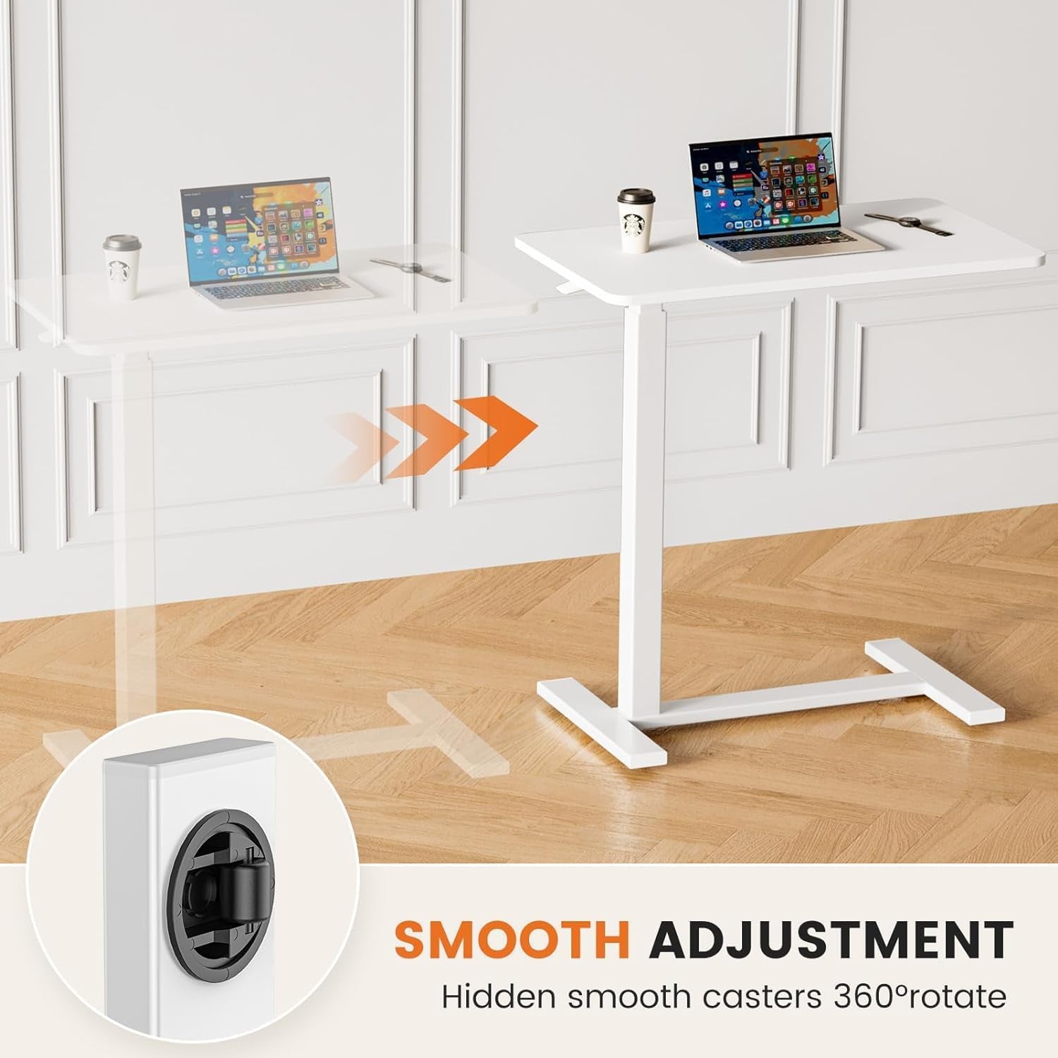 Overbed Bedside Table with Wheels, Adjustable Hospital & Home Use Bed Rolling Laptop Table, Mobile Standing Desk, White