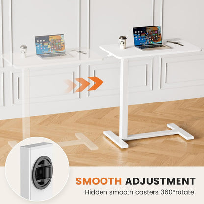 Overbed Bedside Table with Wheels, Adjustable Hospital & Home Use Bed Rolling Laptop Table, Mobile Standing Desk, White