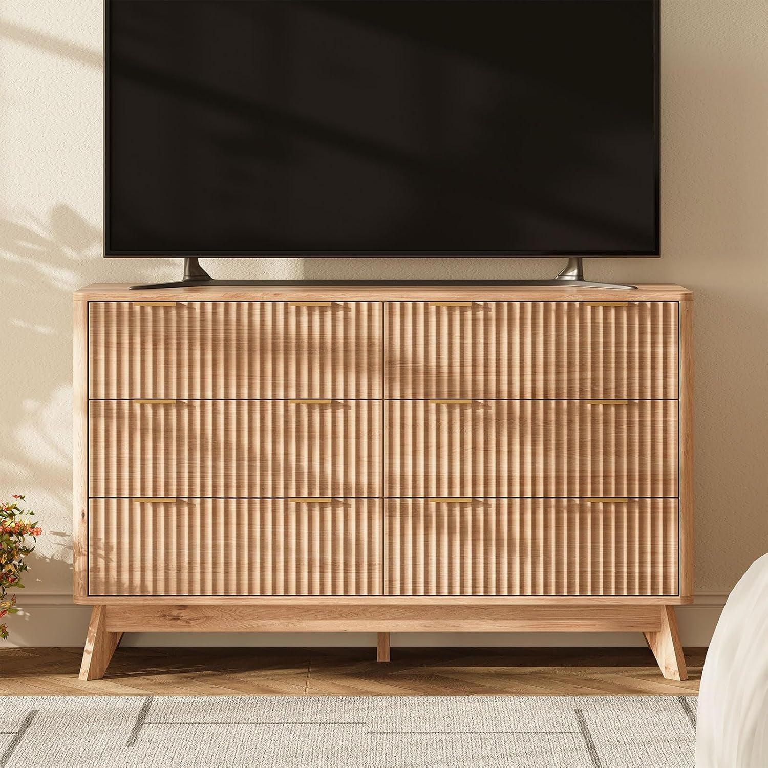 47'' Wide 6 Drawers Dresser for Bedroom,Modern Fluted Vertical Chest with Rounded Corners,Fluted Dresser for Living Room,Hallway, Natural Wood