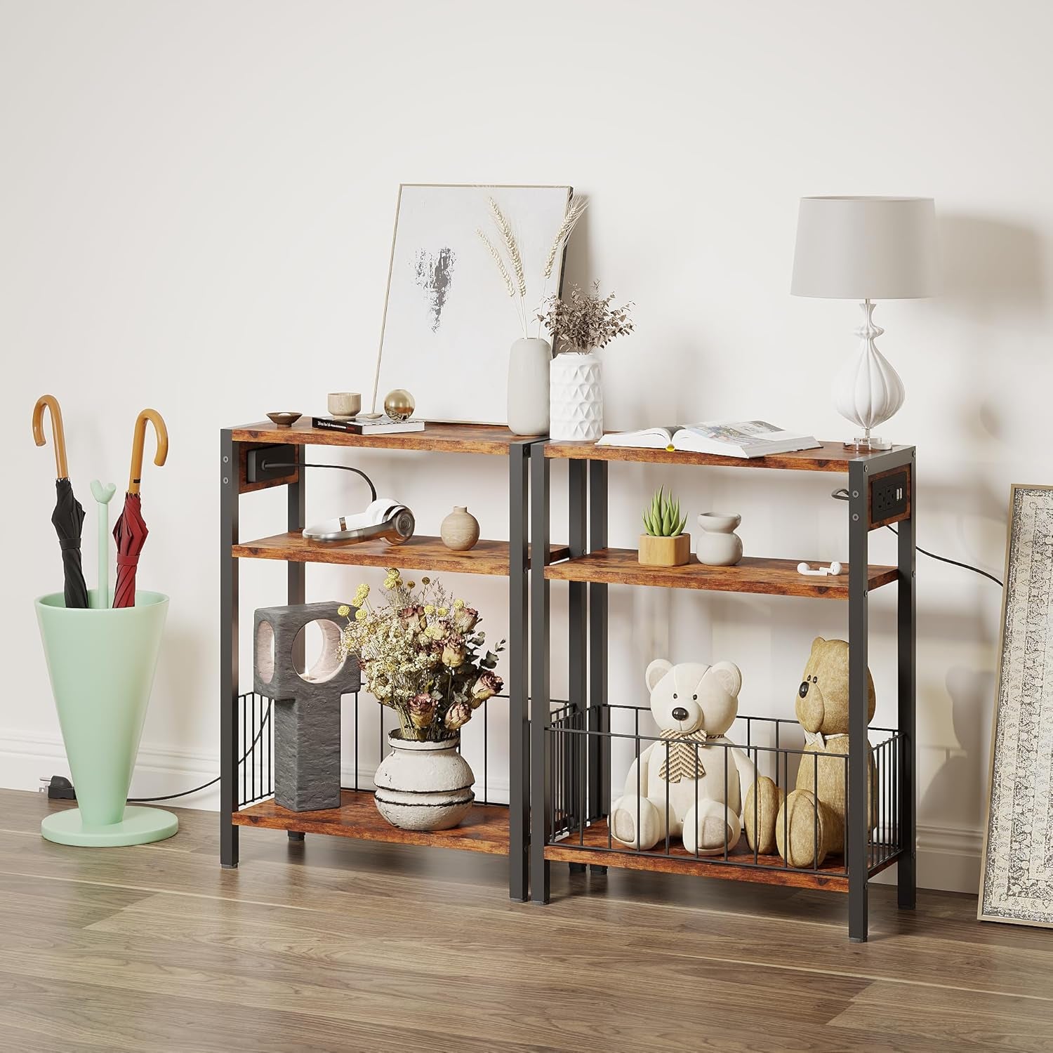 Narrow Side Table with Charging Station, Small End Table for Small Spaces, Slim Nightstand with Storage Basket, 3 Tier Skinny Bedside Table for Living Room, Bedroom, Rustic Brown