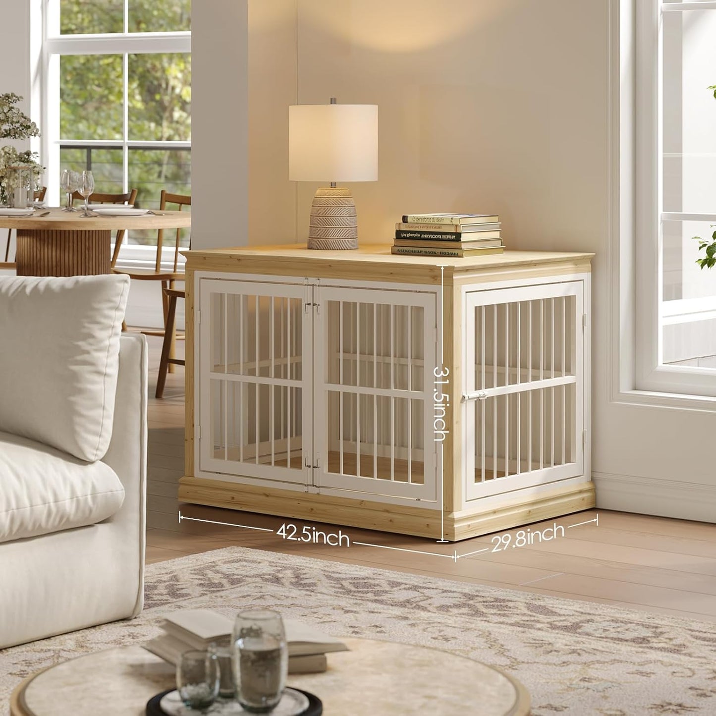 Dog Crate Furniture for Dogs - 42Inch Large Dog Crate Sideboard and TV Stand, Solid Wood Chew-Proof and Silent Latches Design for Large and Medium Dogs, Wood Dog Kennel-(White+Natural)
