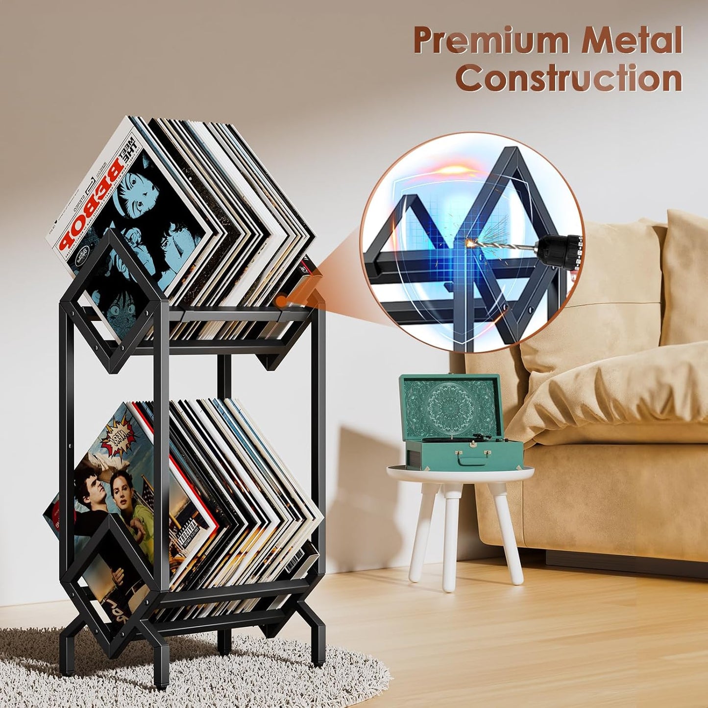 Vinyl Record Storage Rack, Record Holder 160-200 LP Storage Shelf Display Stand for Albums Books Magazines Files, Matte Black