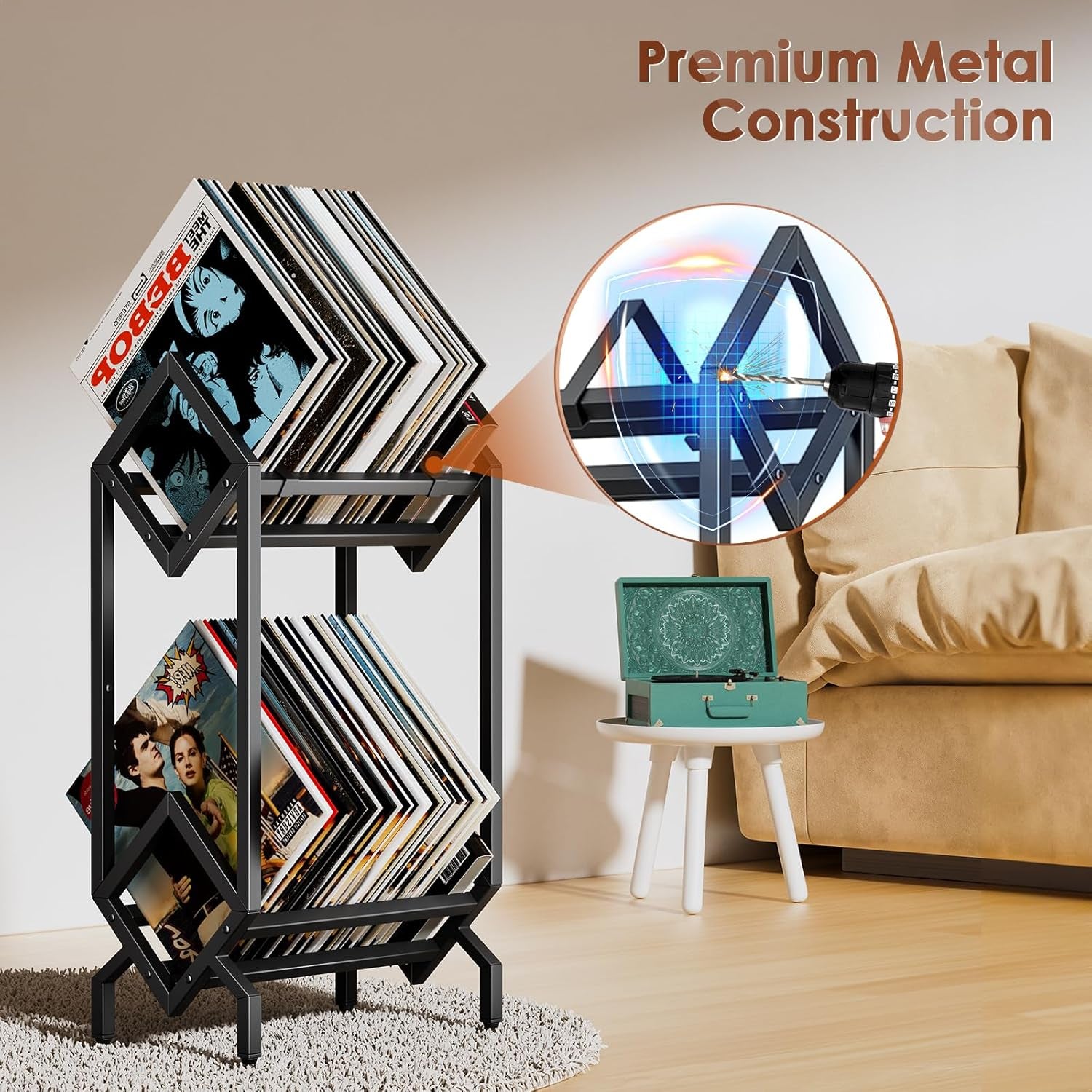 Vinyl Record Storage Rack, Record Holder 160-200 LP Storage Shelf Display Stand for Albums Books Magazines Files, Matte Black