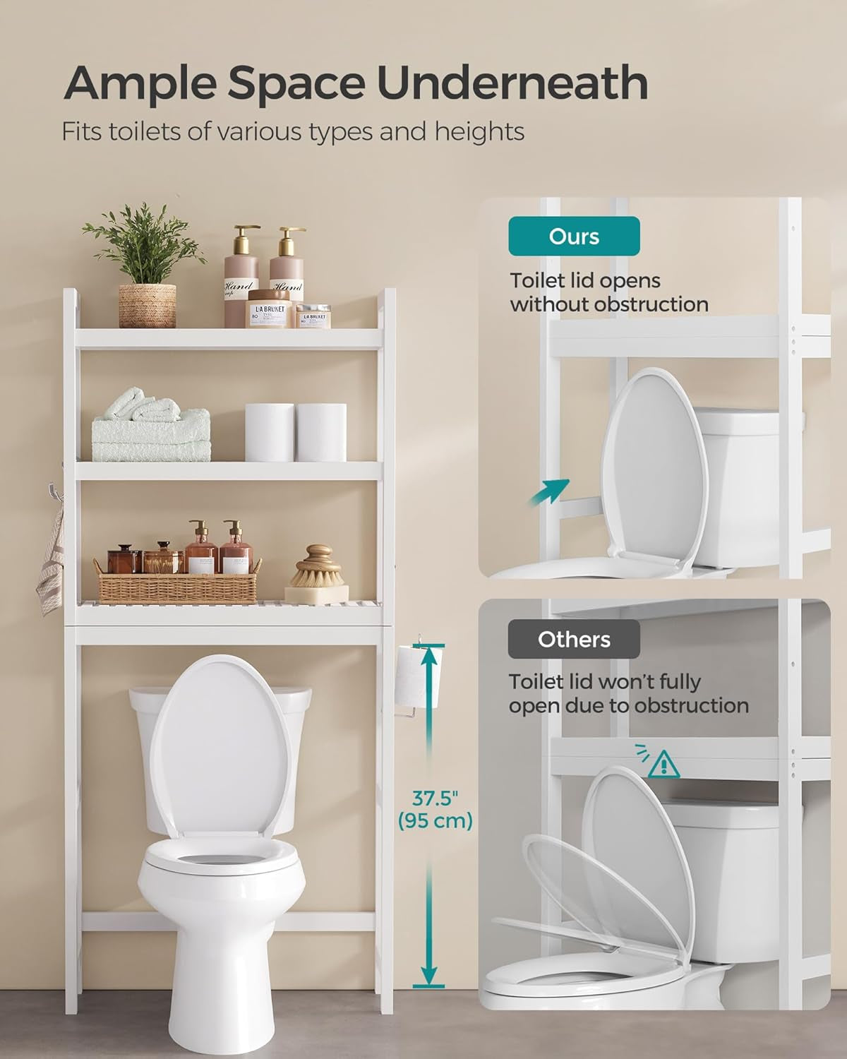 over the Toilet Storage, 3-Tier over Toilet Bathroom Organizer with Adjustable Shelf, 10.2 X 24.8 X 66.9 Inches, Space-Saving, Cloud White UBTS01WT