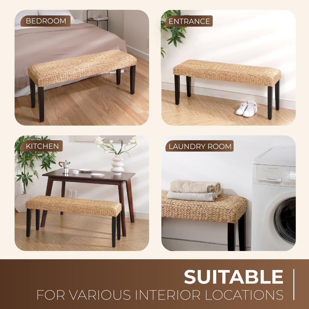 Solid Wood Acacia Bench with Natural Woven Seat, Boho Bench Entryway, Wood Bench for Living Room, Porch Lawn Garden Yard or Entryway (Fishbone Style - Black Leg, Water Hyacinth)
