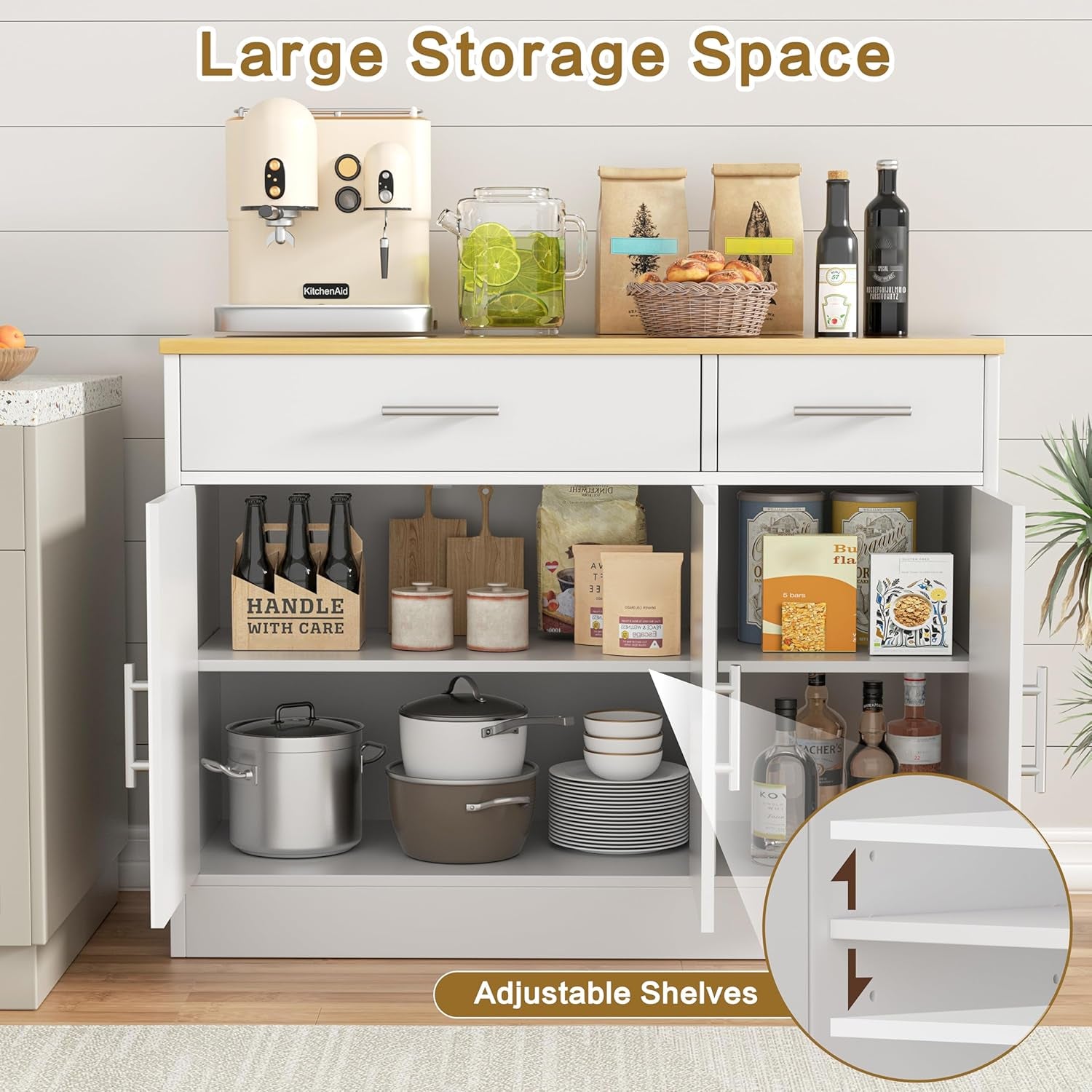 3 Doors Farmhouse Sideboard Buffet Cabinet,42" Barn Doors Buffet Cabinet with Storage,Wood Coffee Bar Cabinet with Adjustable Shelf for Kitchen,Living Room,White