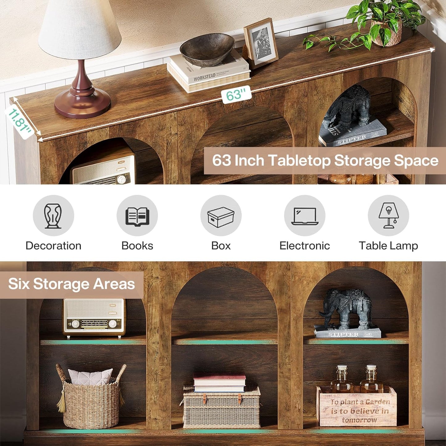 Farmhouse Console Table, 63-Inch Long Entryway Table with 3 Tier Storage, Wooden Rectangular Sofa Table behind the Couch for Entrance, Hallway, Living Room, Brown