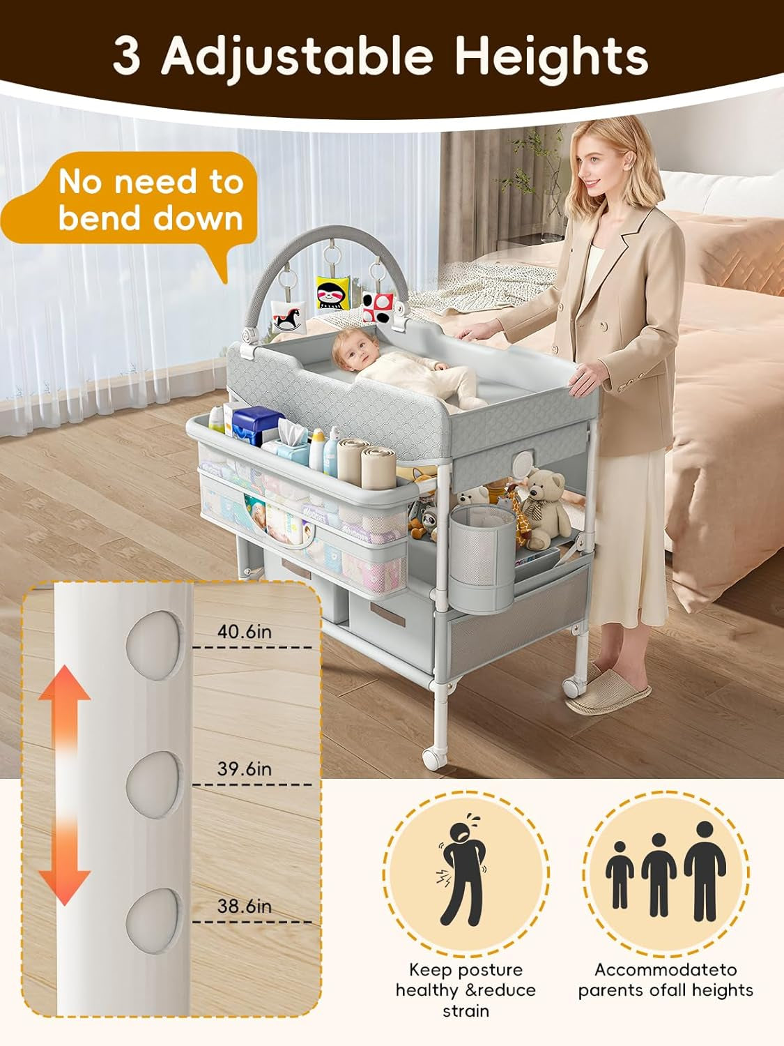 Baby Changing Table with Drawers, Waterproof Versatile Folding Diaper Changing Station with Storage, Adjustable Height, Portable Diaper Chang Ing Station, Mobile Nursery for Infant and Newborn