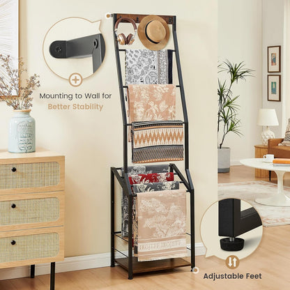 Blanket Ladder, 7 Tier Wooden Ladder Shelf with Hooks, 5.5Ft Blanket Holder Rack Farmhouse Ladder Rack for Storage and Home Decor, Rustic Brown and Black