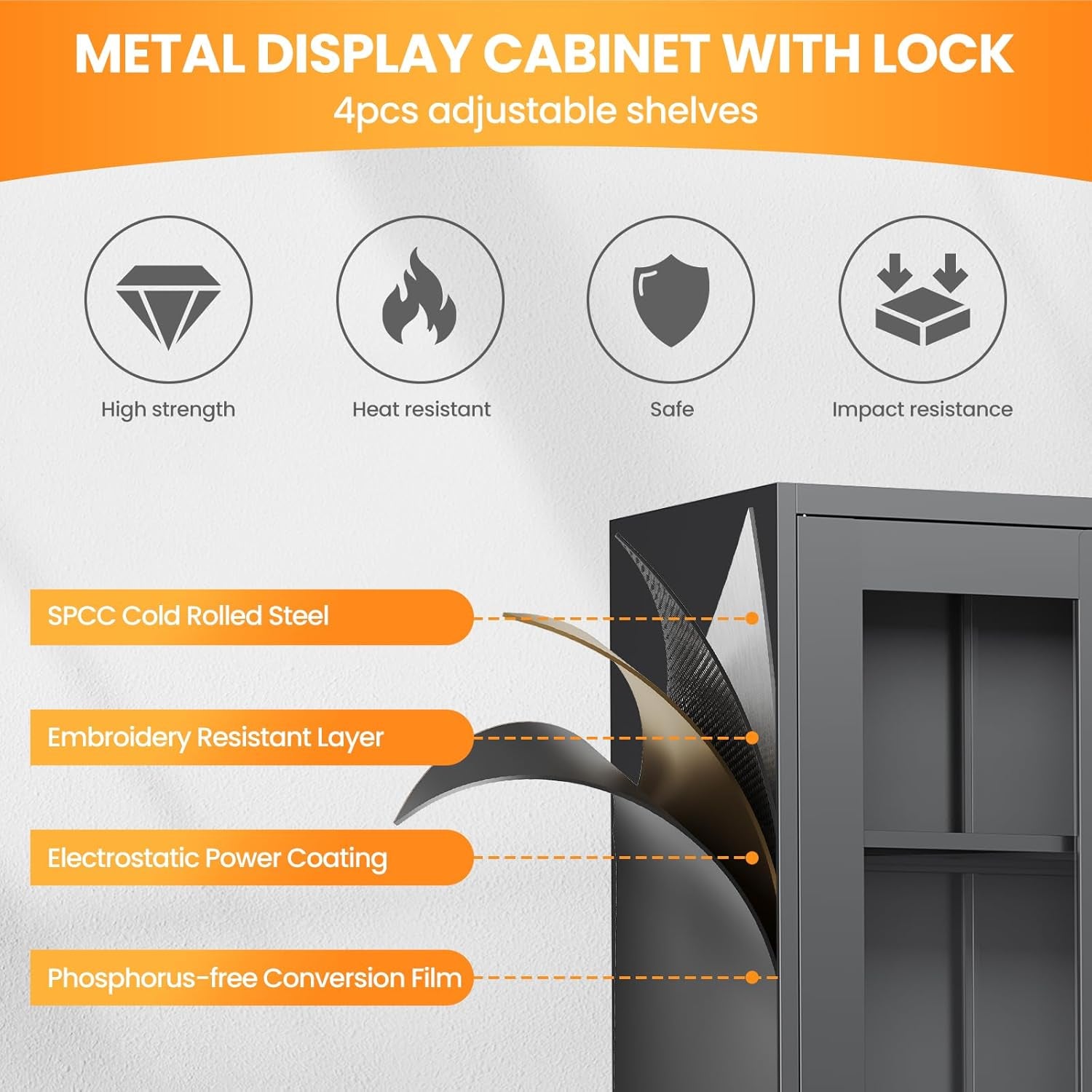 Glass Display Cabinet with Lock, 67”H Metal Curio Cabinets with Glass Door, Locking Liquor Caninet Display Case for Home, Collectibles, Clinic, Living Room - Assembly Required