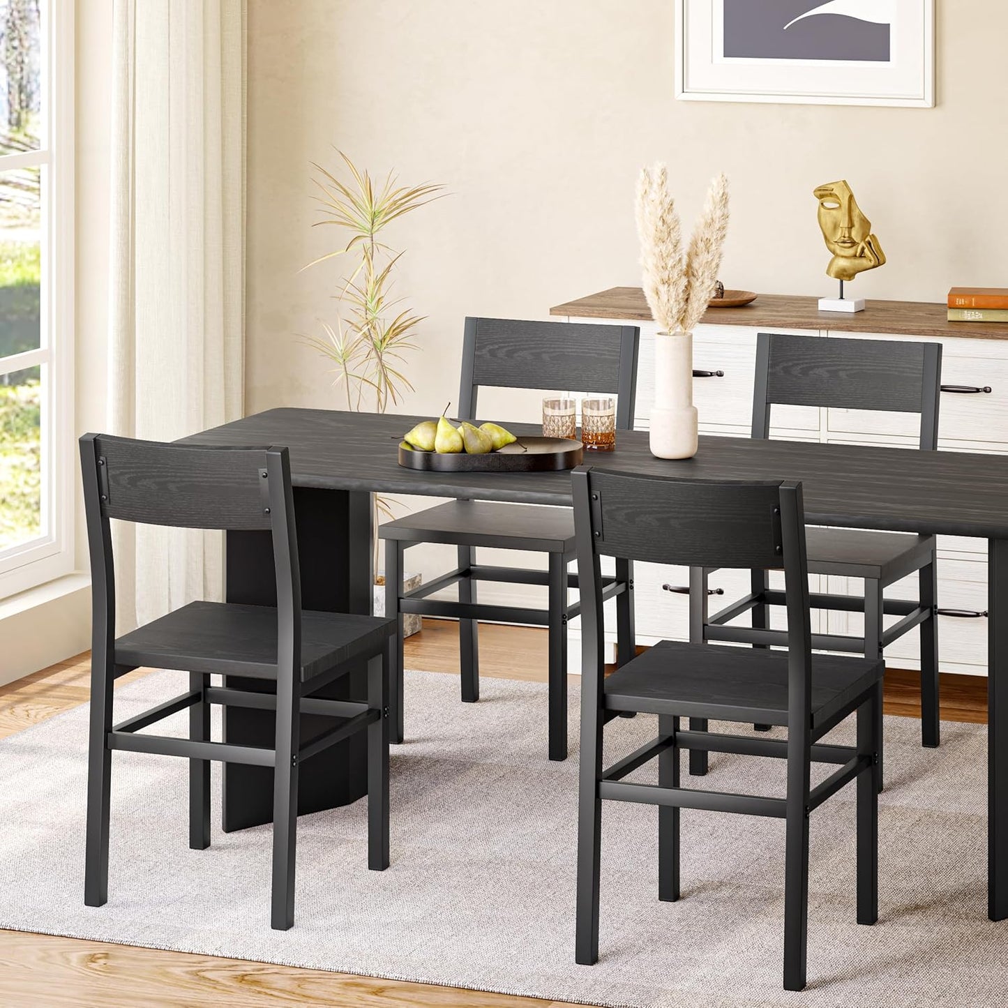 Dining Chairs Set of 4, Rustic Wood Dining Room Chairs with Thickened and Strengthened Metal Steel Frame & Slat Back, Modern Farmhouse Chair for Kitchen, Dining Room (4, Dark Black)