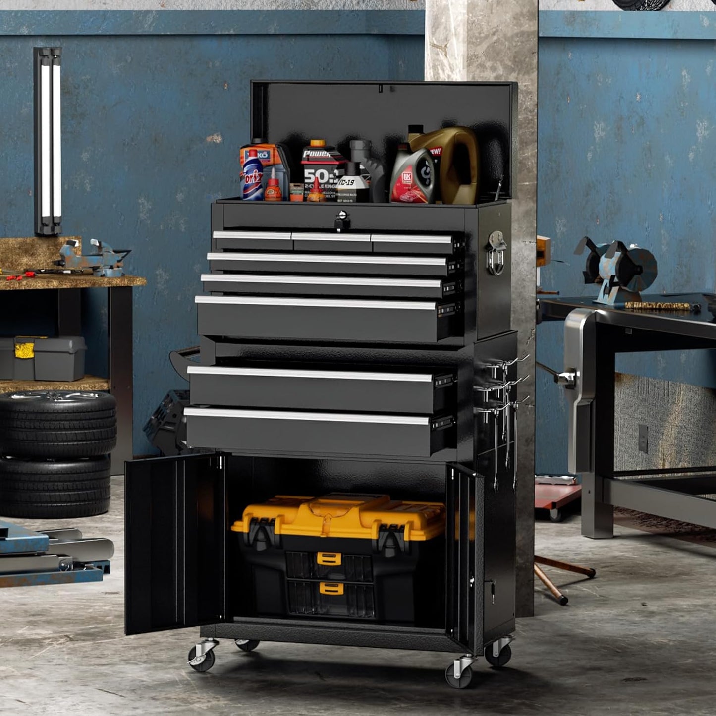 8-Drawer Rolling Tool Chest with Lock, Detachable Tool Cabinet Cart with Wheels, High-Capacity Mechanic Tool Organizer for Garage Workshop Warehouse Storage​