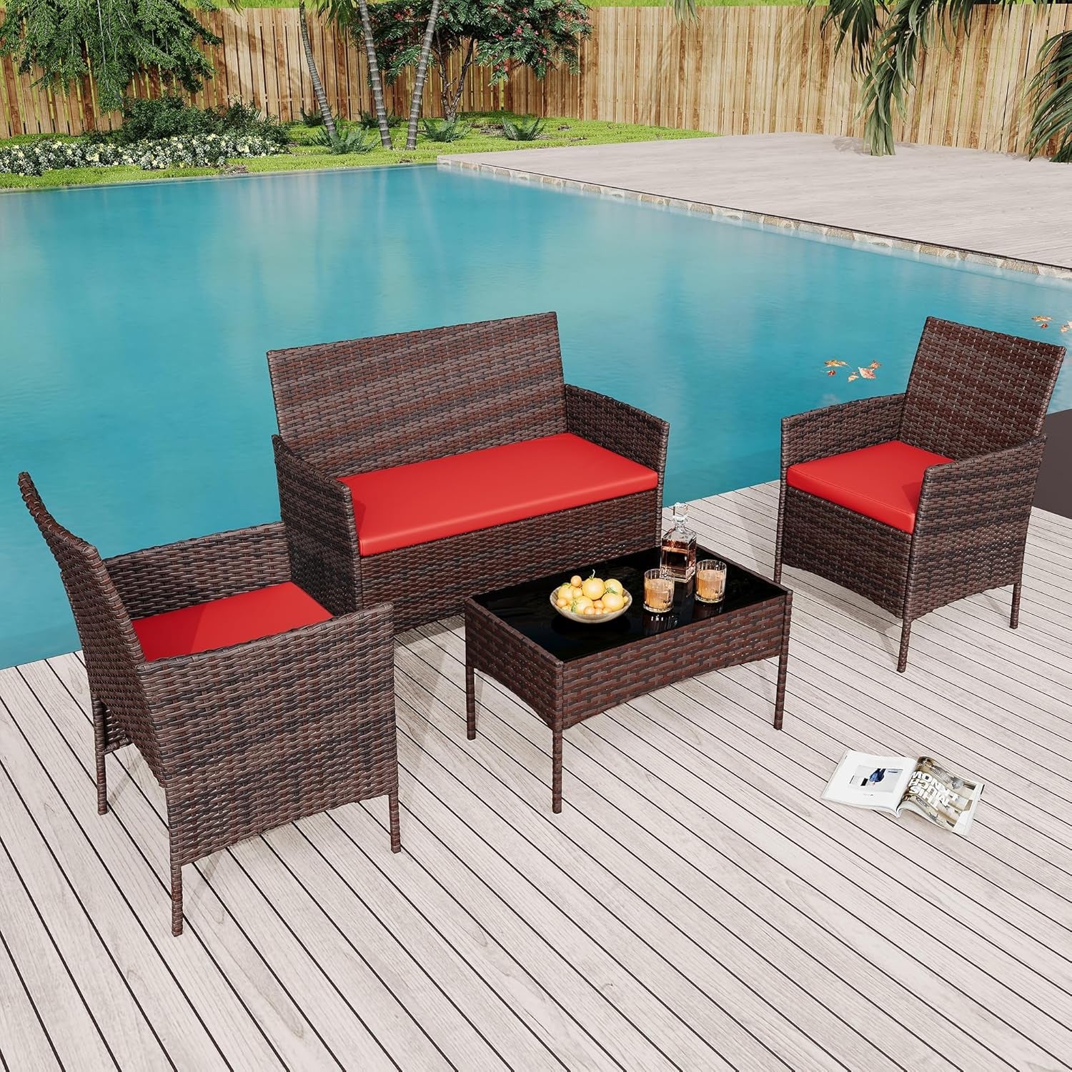 Modern 4-Person Outdoor Bistro Set with Tempered Glass Table – Weather-Resistant PE Rattan & Iron Frame Patio Furniture, Thick Red & Brown Polyester Cushions for Garden, Balcony, Deck