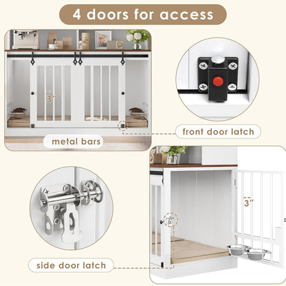 71"H X 55"L Large Dog Crate Furniture with Hutch Shelf and Glass Door, Indoor Dog Kennel with Divider and Feeding Bowls for Large Dogs 2 Pets, Heavy Duty Dog Cage Pet House with 4 Doors, Black