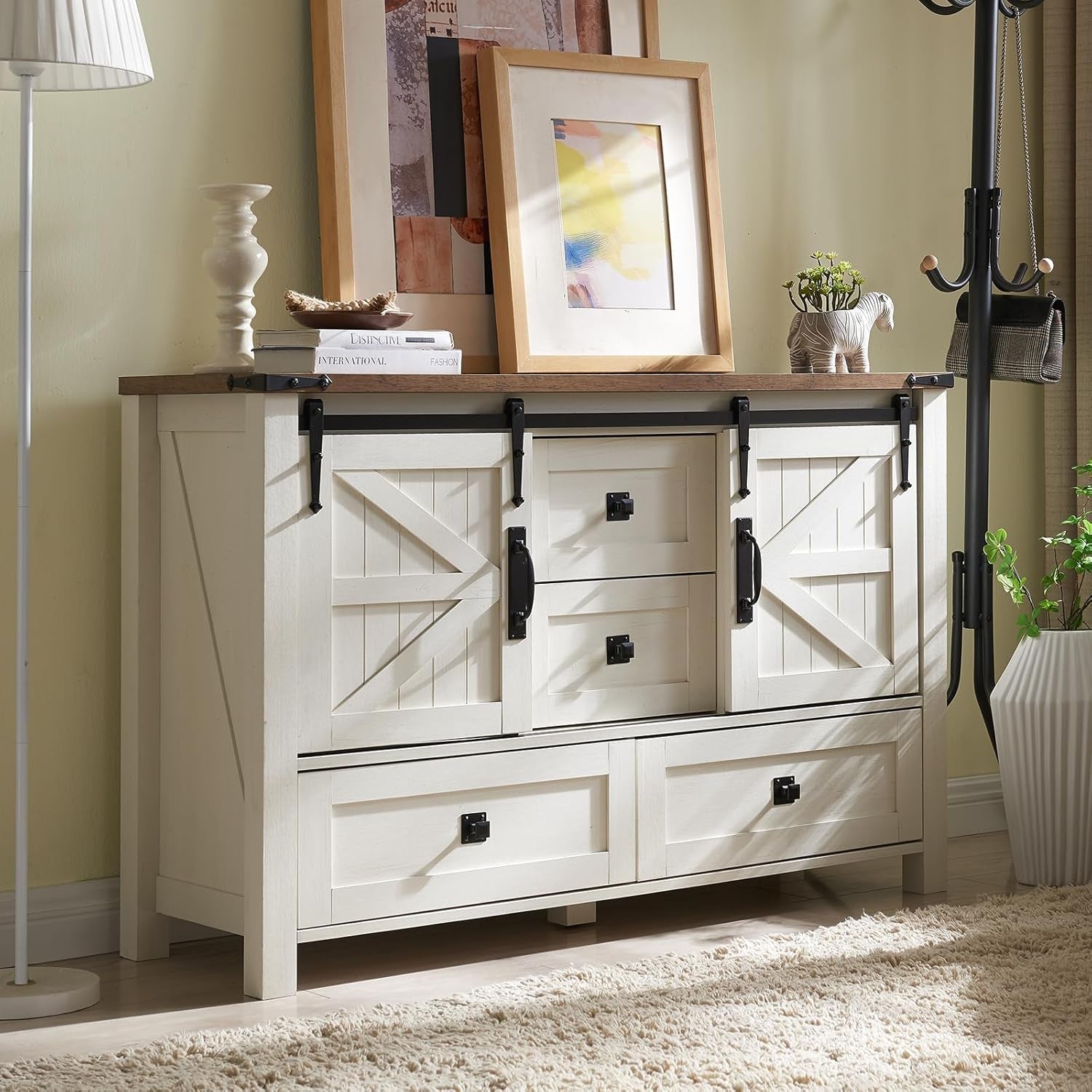 Farmhouse Dresser for Bedroom W/4 Drawers & Sliding Barn Doors, 48'' Wide Chest of Drawers, Rustic Dresser TV Stand W/Shelf, Organizer for Bedroom, Living Room, Entryway, Antique White