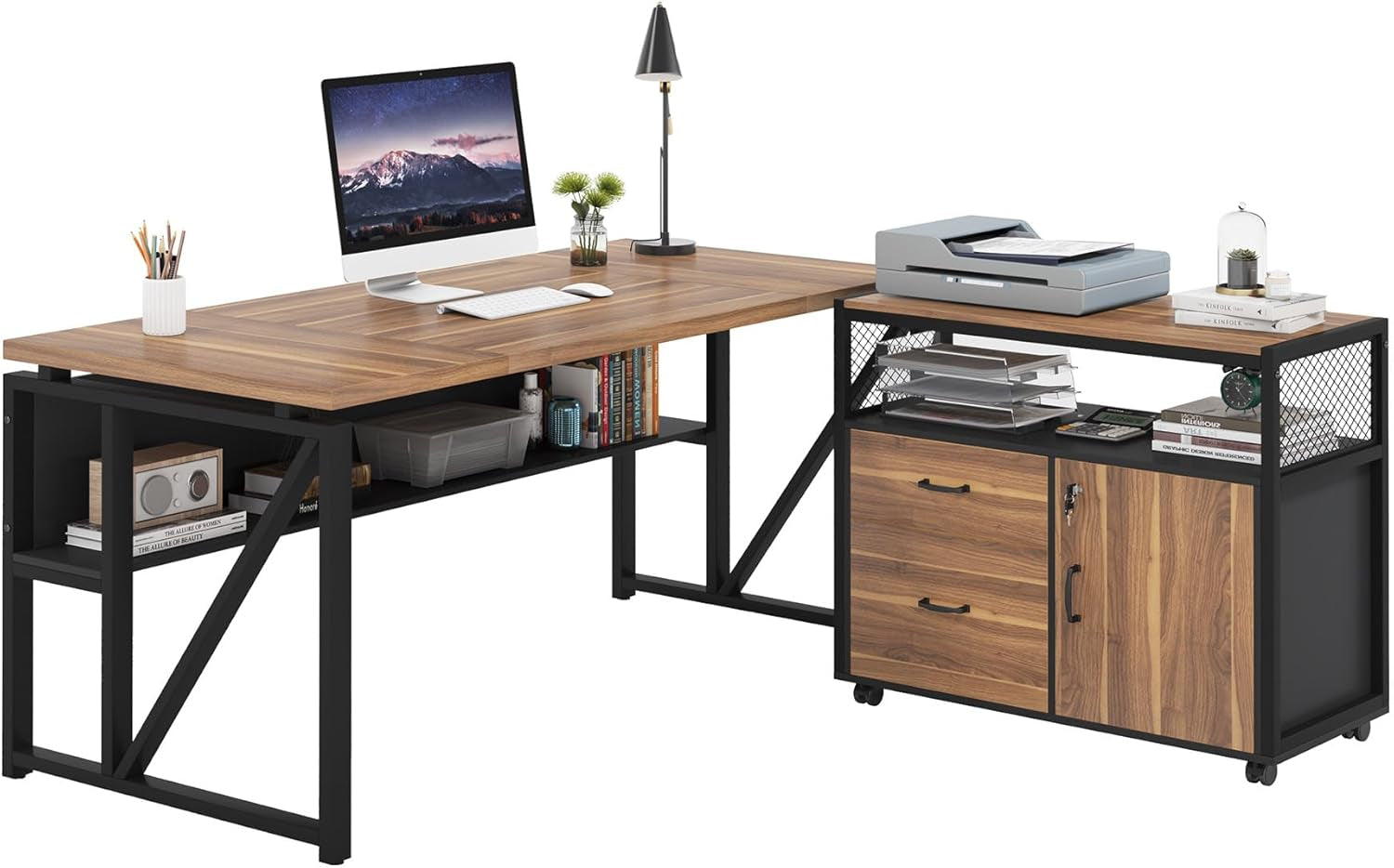 63" Executive with Drawer Cabinet, L Shaped Desk and Lock Lateral File Cabinet, 2 Piece Home Office Furniture Set with Drawers for Hanging File, (Brown, 63 Inches)