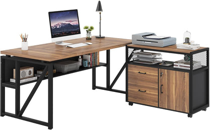 63" Executive with Drawer Cabinet, L Shaped Desk and Lock Lateral File Cabinet, 2 Piece Home Office Furniture Set with Drawers for Hanging File, (Brown, 63 Inches)