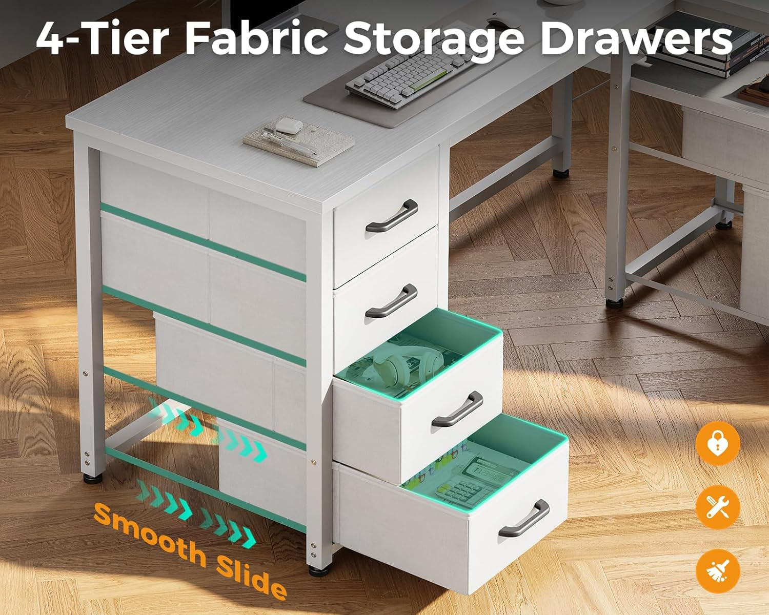 L Shaped Computer Desk with 6 Drawers & Power Outlet, 55 Inch Corner Desk with Reversible Storage Shelf & File Drawer, Home Office Desk, White