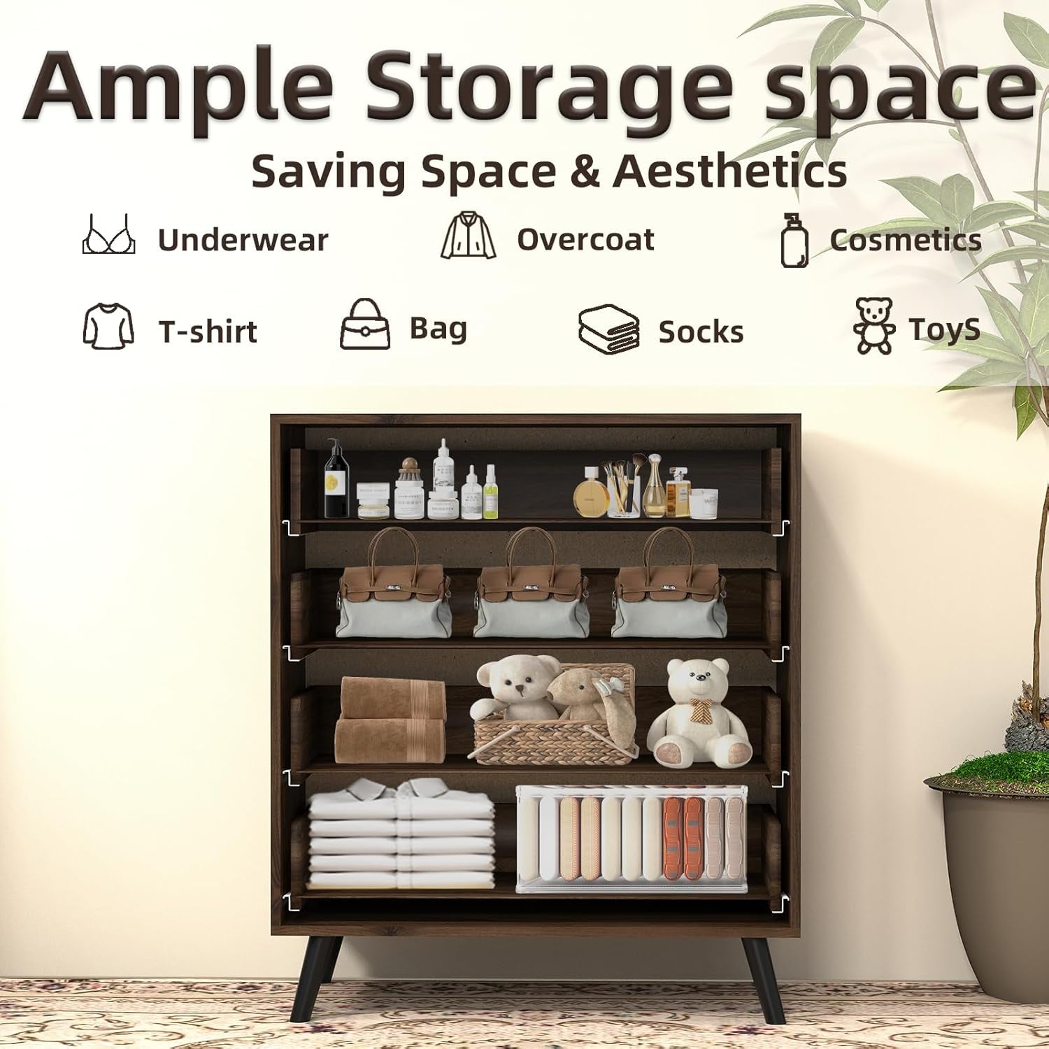4 Drawers Dresser for Bedroom, Walnut Chest of Drawers with Large Storage Capacity, Wooden Storage Dresser Organizer for Bedroom Nursery Living Room Hallway Closet(4-Drawer)
