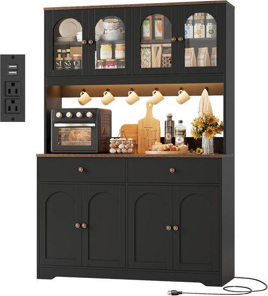 71" LED Kitchen Pantry Cabinet with Power Outlet, Large Kitchen Hutch Storage Cabinet with Arched Door & Shelves & 2 Drawers, Tall Farmhouse Coffee Bar W/Hutch for Home Dining Living Room, Black