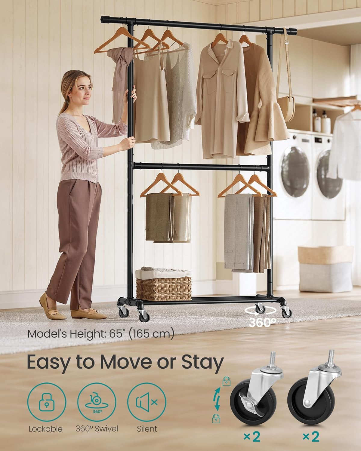 Heavy-Duty Clothes Rack, Double-Rod Clothing Rack for Hanging Clothes, Industrial Garment Rack on Wheels, Adjustable Metal Frame, 2 Casters with Brakes, Commercial Display, Black UHSR62BK