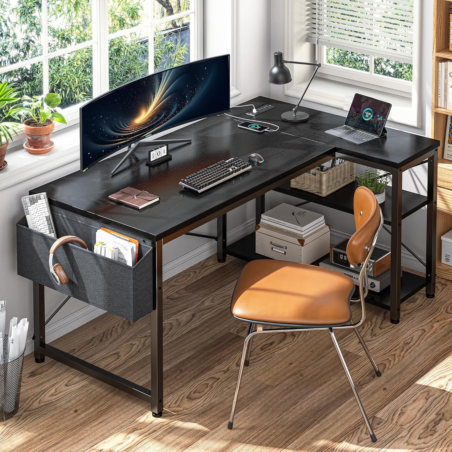 48" L Shaped Desk Office Desk with Power Outlets,Computer Desk with Reversible Storage Shelves & Side Bag,Small Gaming Desk for Gaming Working Small Space Home Office Bedroom,Black