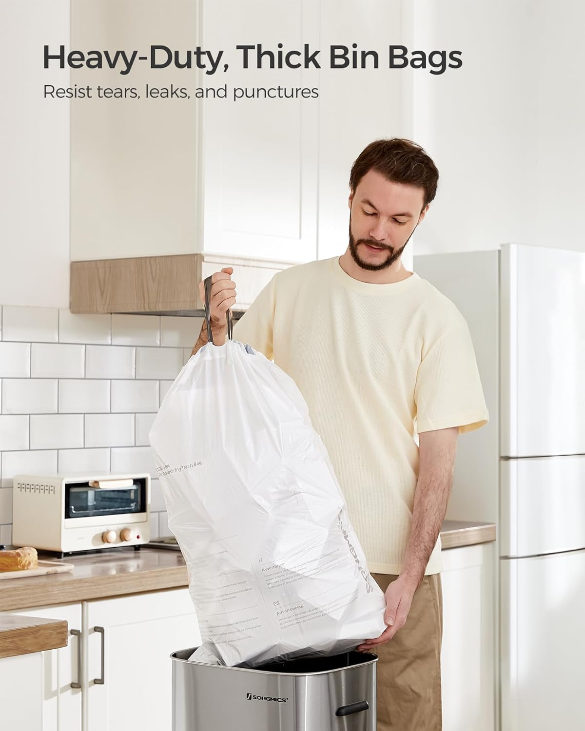 Trash Bags for 8-Gallon (30 L) Trash Cans, Drawstring Kitchen Garbage Bags, Pre-Separated, Liner Code 30A, 1 Roll, 45 Count, White UKRB30A