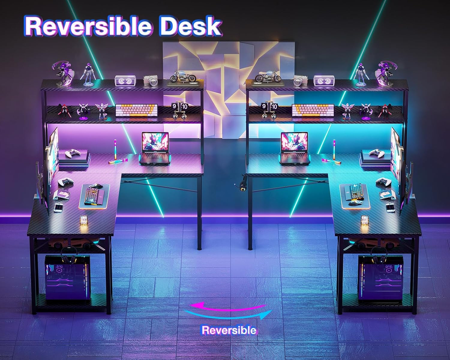 53" L Shaped Gaming Desk with Hutch & Headphone Hook, Corner Computer Table with Storage Shelves for Home Office, Black