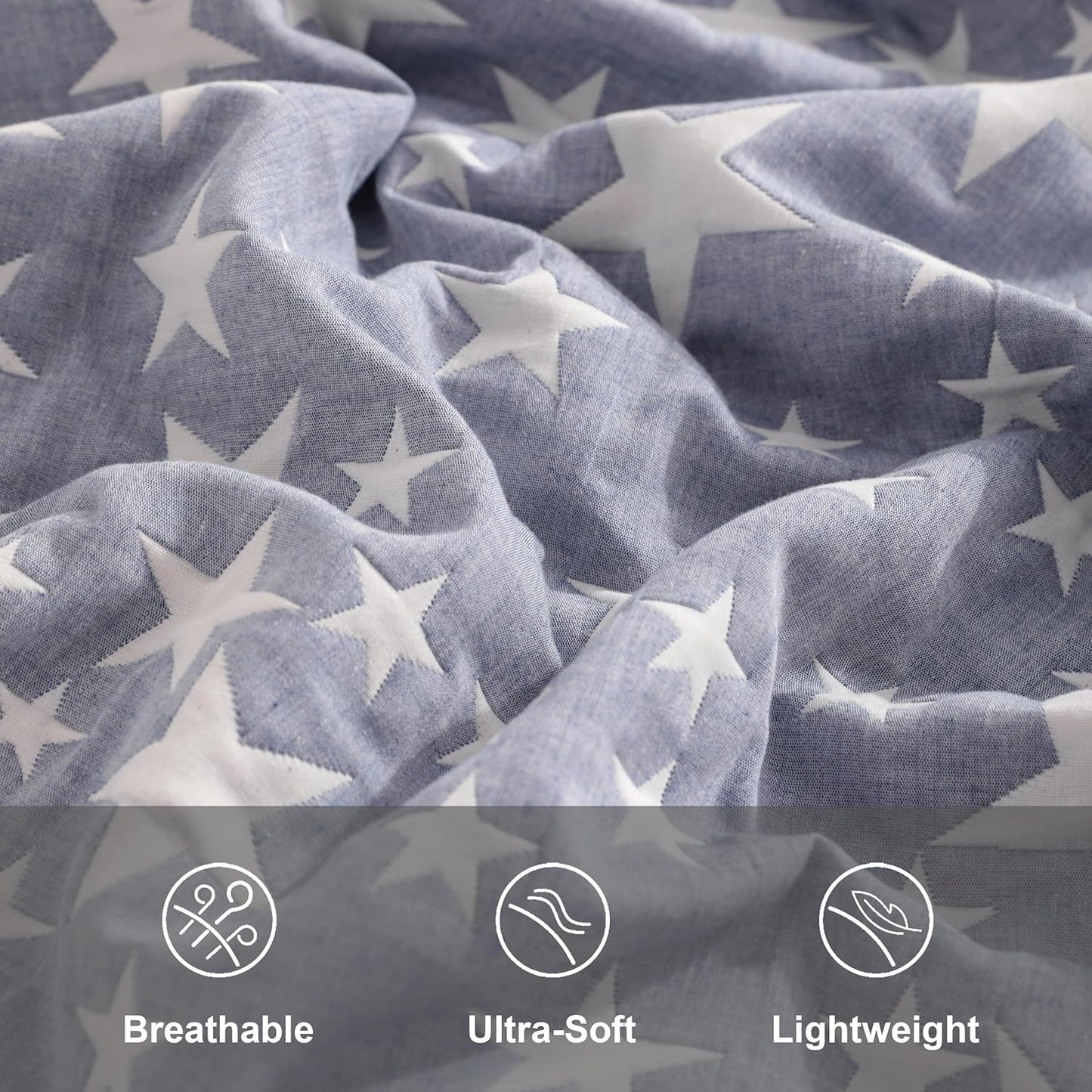 Cotton Standard Pillow Shams, 3 Layer Muslin Breathable Soft Thermal Yarn Dyed Sham Covers, 2 Pack 20X26 Oxford Pillowcases with Envelope Closure, Blue Stars