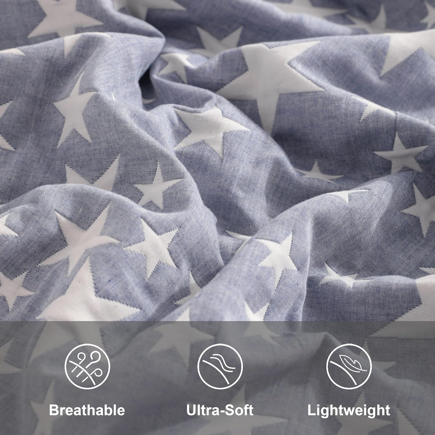 Cotton Standard Pillow Shams, 3 Layer Muslin Breathable Soft Thermal Yarn Dyed Sham Covers, 2 Pack 20X26 Oxford Pillowcases with Envelope Closure, Blue Stars