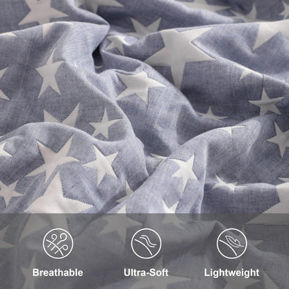 Cotton Standard Pillow Shams, 3 Layer Muslin Breathable Soft Thermal Yarn Dyed Sham Covers, 2 Pack 20X26 Oxford Pillowcases with Envelope Closure, Blue Stars