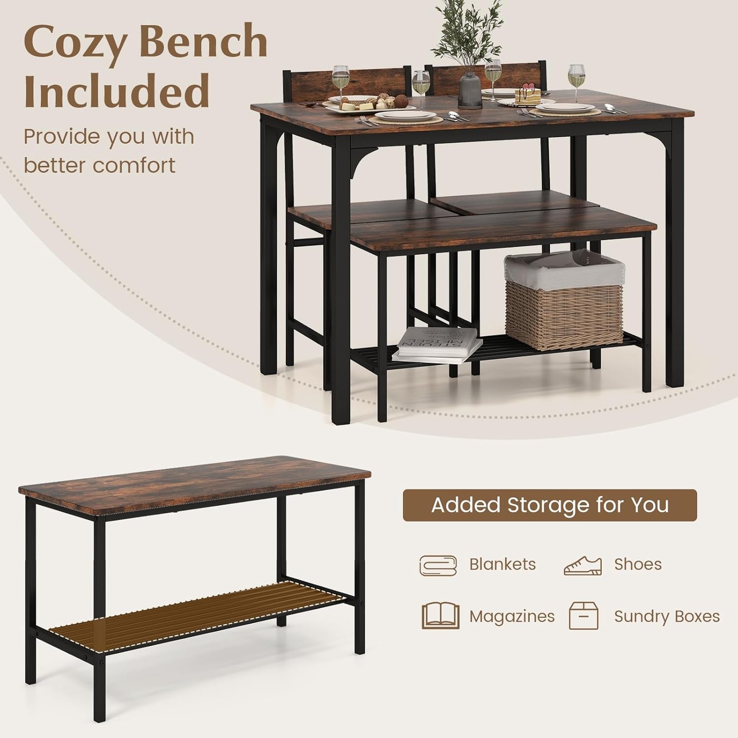Dining Table Set for 4, Kitchen Table and 2 Chairs for 4 with Bench, 4 Piece Dining Table Set for Small Space, Apartment