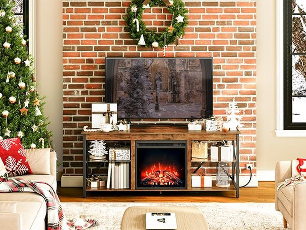 Fireplace TV Stand with Charging Station and LED Lights, TV Stand with Fireplace for Tvs up to 65", Entertainment Center with Fireplace, Glass Shelves, Rustic Brown and Black BF140UDDS01