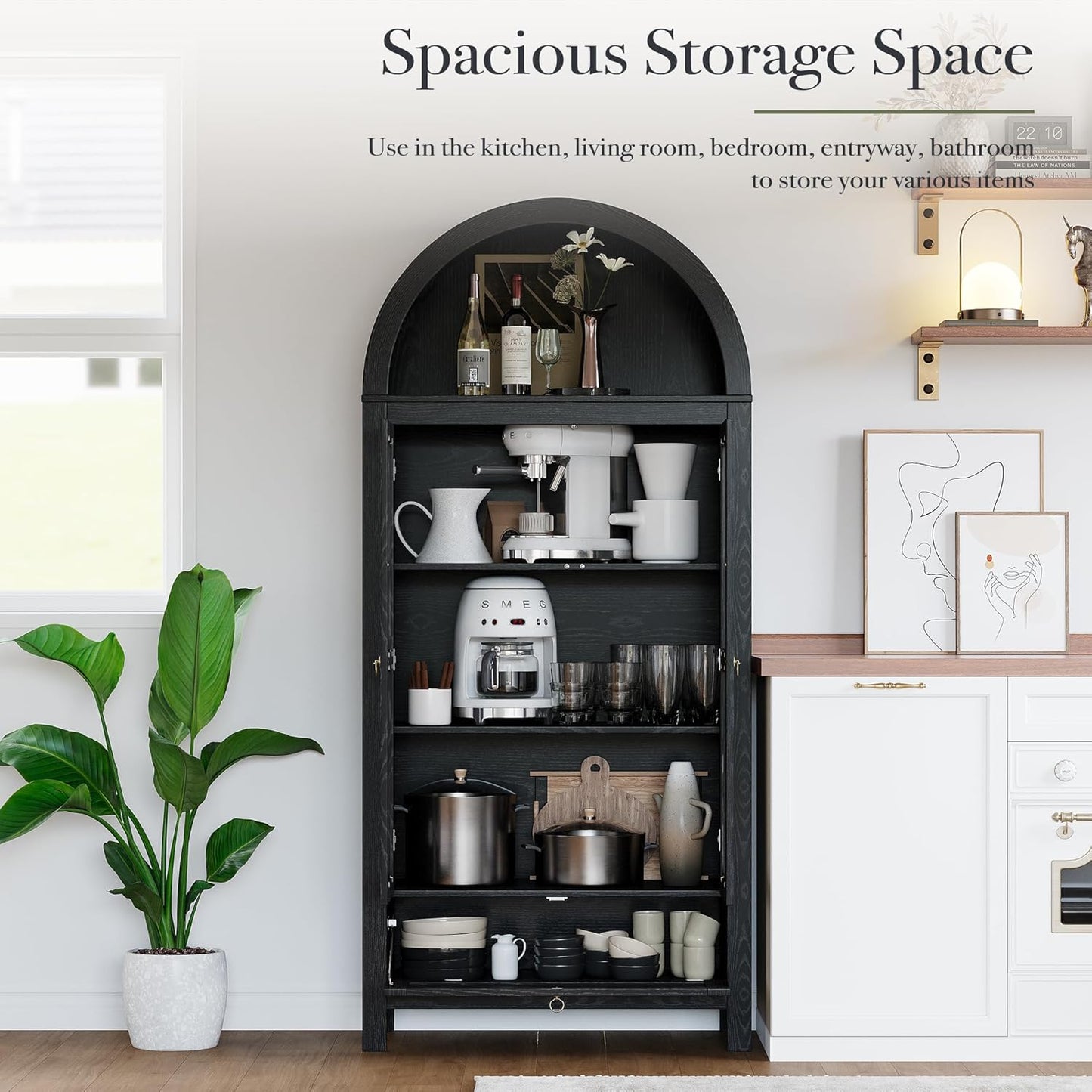 71” Tall Arched Kitchen Pantry Cabinet, Modern Farmhouse Hutch Storage Cabinets with Large Drawer and Glass Doors for Kitchen, Dining Room, Living Room, Black