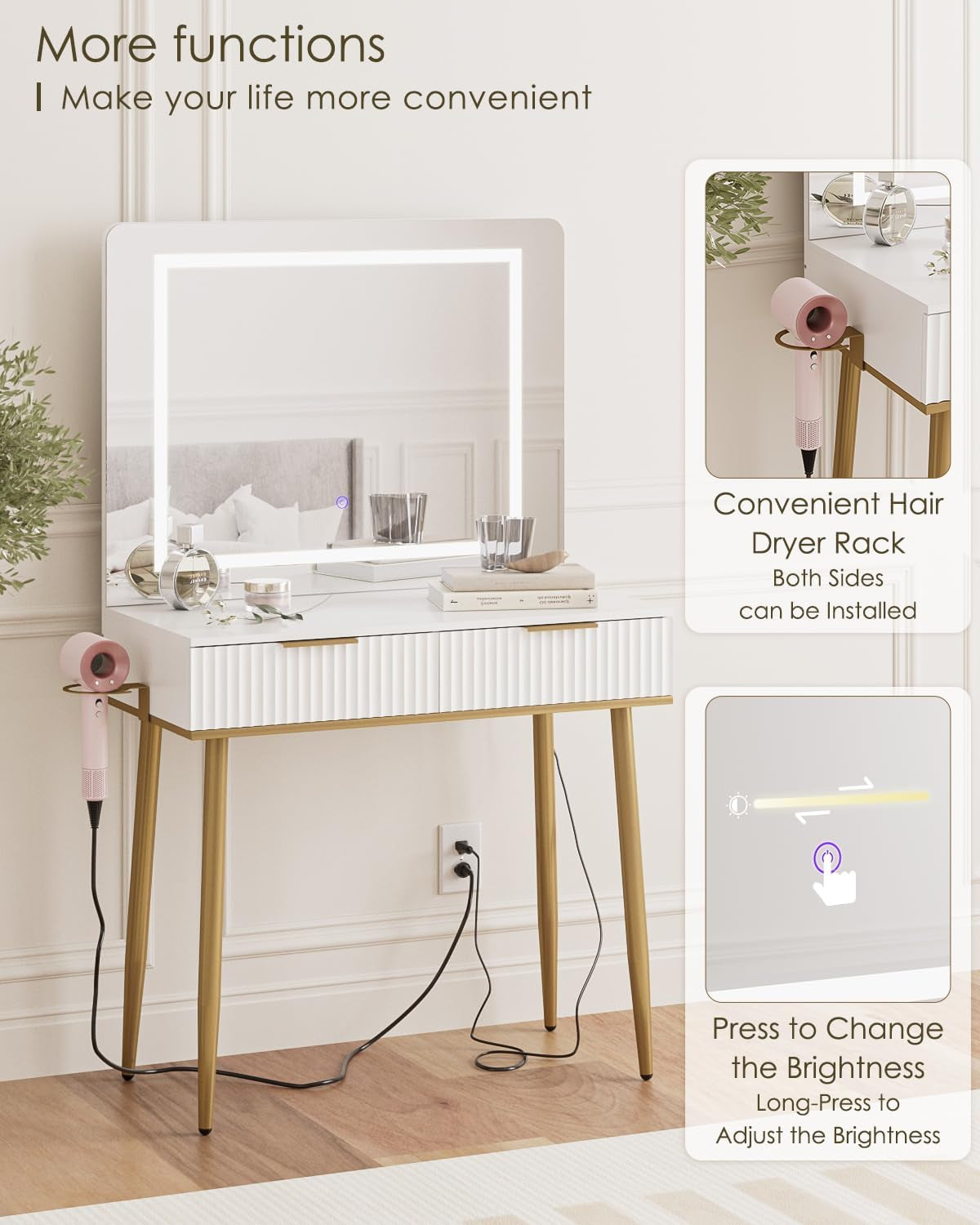 Makeup Vanity Desk with Lights and Mirror, Small Makeup Vanity Table with 2 Drawers, Dressing Table with 3 Adjustable Lighting Color, Small Makeup Desk for Bedroom, White with Gold Leg